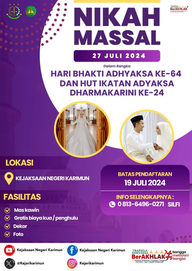 
 Kejari Karimun Gelar Nikah Massal, Free Biaya KUA Hingga Mas Kawin